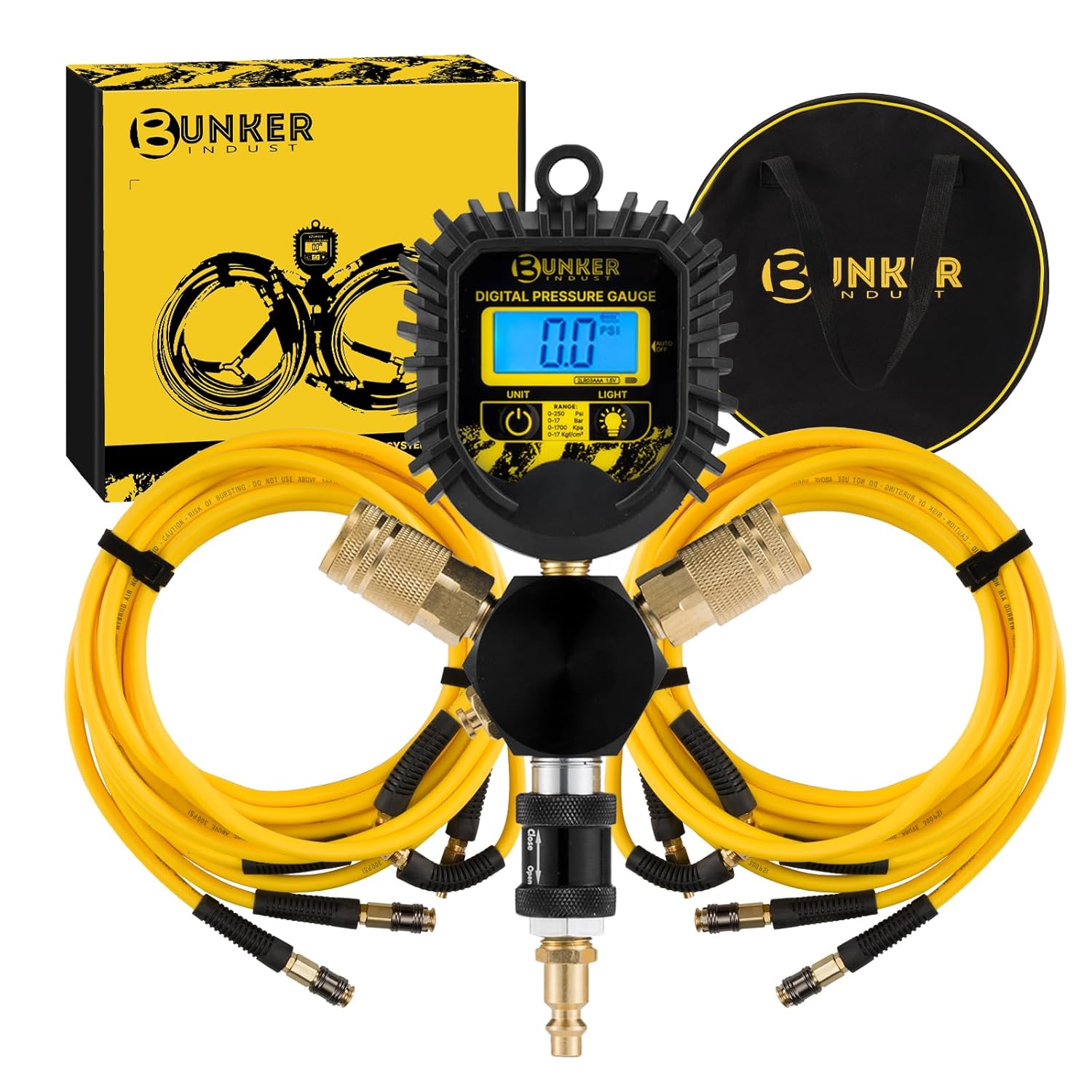 BUNKER INDUST 4 Tire Inflation Deflation System, Rapid High-Flow Air Up Down Kit with Digital Tire Pressure Gauge, 4 Wheels Off Road Tire Deflator Inflate-Up to 200