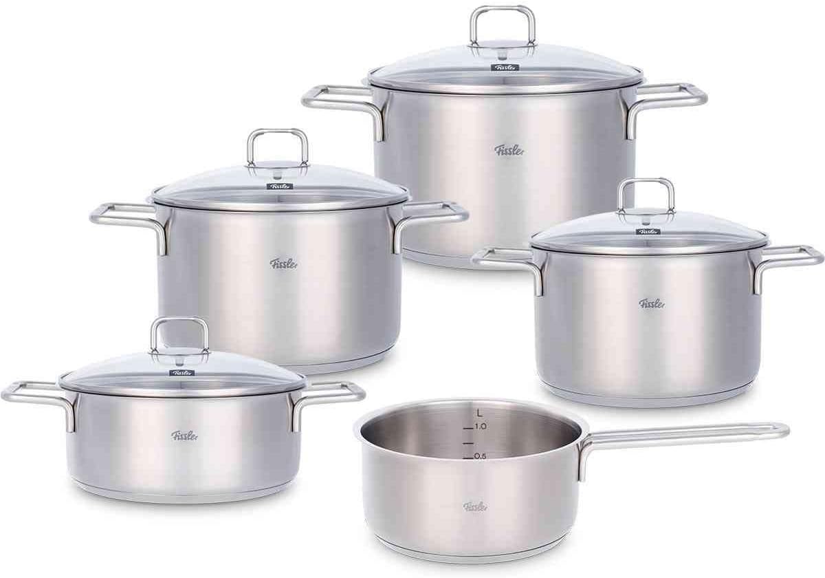 Fissler Hamburg/Cookware-Set, 9-Pcs., pot set, pots with glass lids, induction (3 cooking pots, 1 casserole, 1 saucepan-no lid)