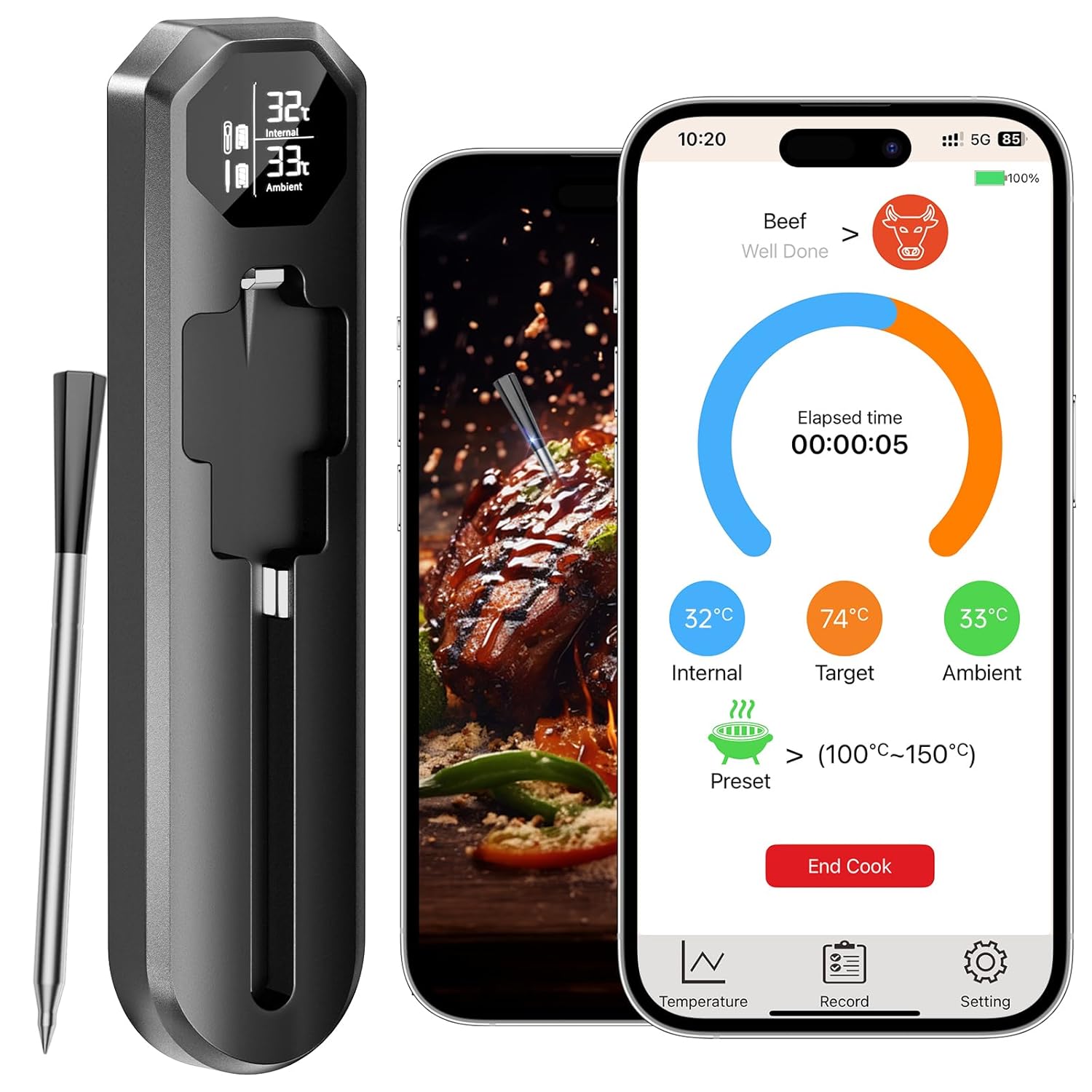 Bluetooth Wireless Meat Thermometer Digital with Smart App, 527°F Heat Resistant Probe, IP67 Waterproof, Ultra-Thin Probe, Food Thermometer for BBQ, Oven, Grill, Air Fryer and Smoking