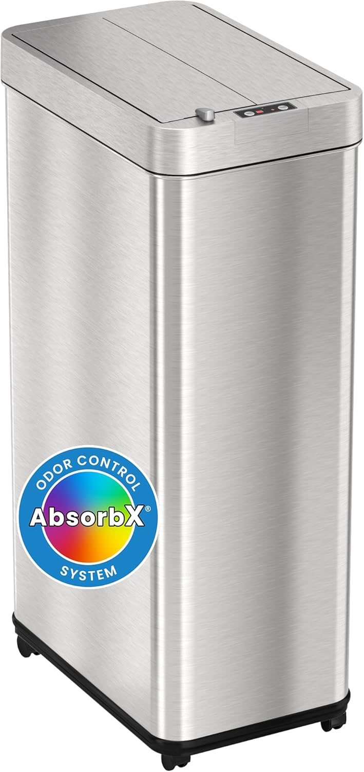 iTouchless 18 Gallon Wings-Open Mobile Wheeled Kitchen Trash Can with Lid and Odor Filter, Dog Proof Stainless Steel Garbage Bin for Home Office Work Bedroom Living Room Garage Slim Wastebasket