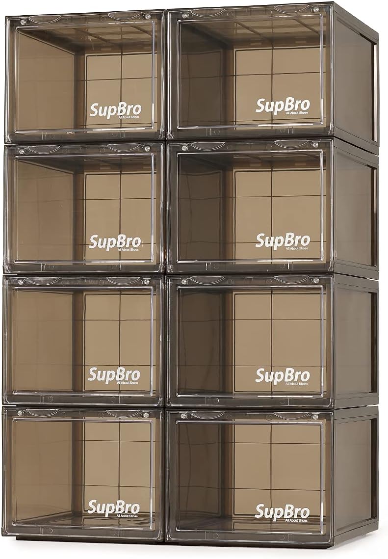 SupBro Collection Crate - Easy Access Storage Shoes Box -Plastic Foldable Stackable Sneaker Display Storage with Clear Front Door Organizer-8 Pack (Steel Flash)