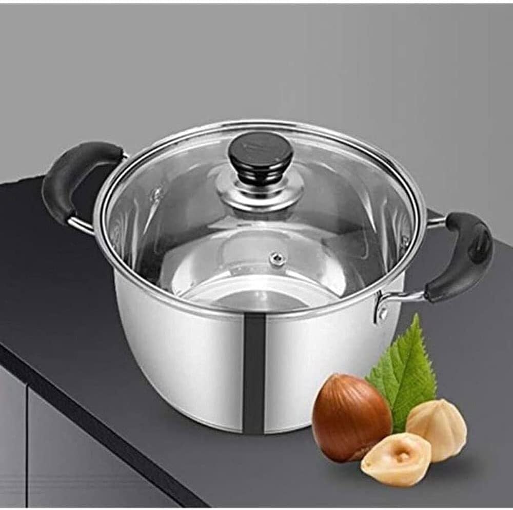 Nonstick Stainless Steel Soup Pot Casserole Pan with Double Handles, 18cm, Transparent Glass Lid, Uncoated, Anti-Spill Hole, Easy to Clean, Milk