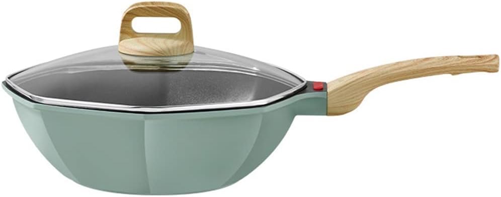 Non-stick Wok With Transparent Pot Lid Green Octagonal Induction Cooker Kitchen Cookware Household