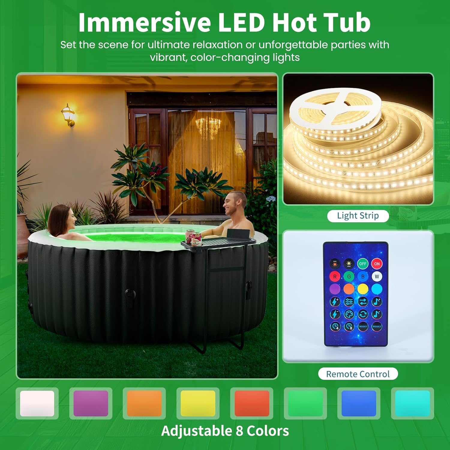 2 Person Inflatable Hot Tub with LED Lights, Oval Blow Up Portable Hot Tub, Leak-Proof PVC Outdoor Spa with 100 Strong Air Jets, Pump and Insulated Cover, Side Table, 75” X 47”X 25”
