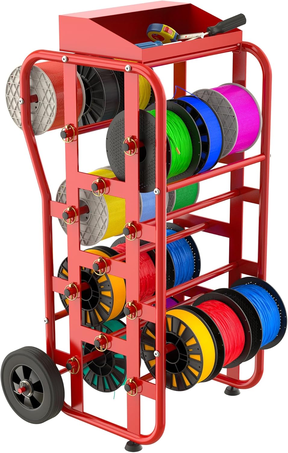 Wire Spool Rack with Wheels, Heavy Duty Cable Caddy & Wire Dispenser Organizer, Adjustable Rods, Large Capacity, Tool Bin, Mobile Cart for Electricians, Workshop & Warehouse, 38