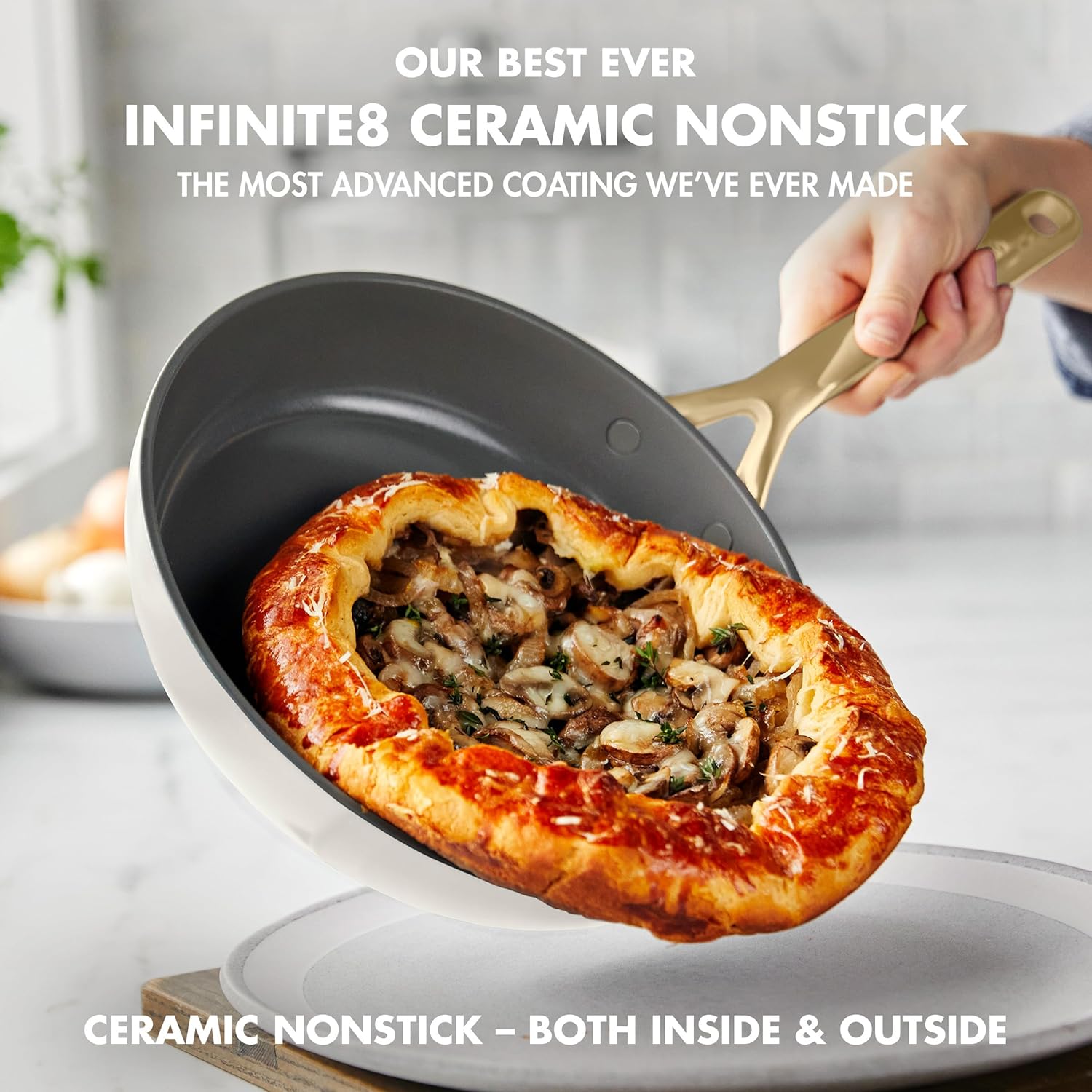 GreenPan GP5 14 Piece Cookware Pots and Pans Set, Hard Anodized Healthy Ceramic Nonstick PFAS-Free, Champagne Handles, Heavy Gauge, Stay-Flat Surface, Induction, Dishwasher and Oven Safe, Cream