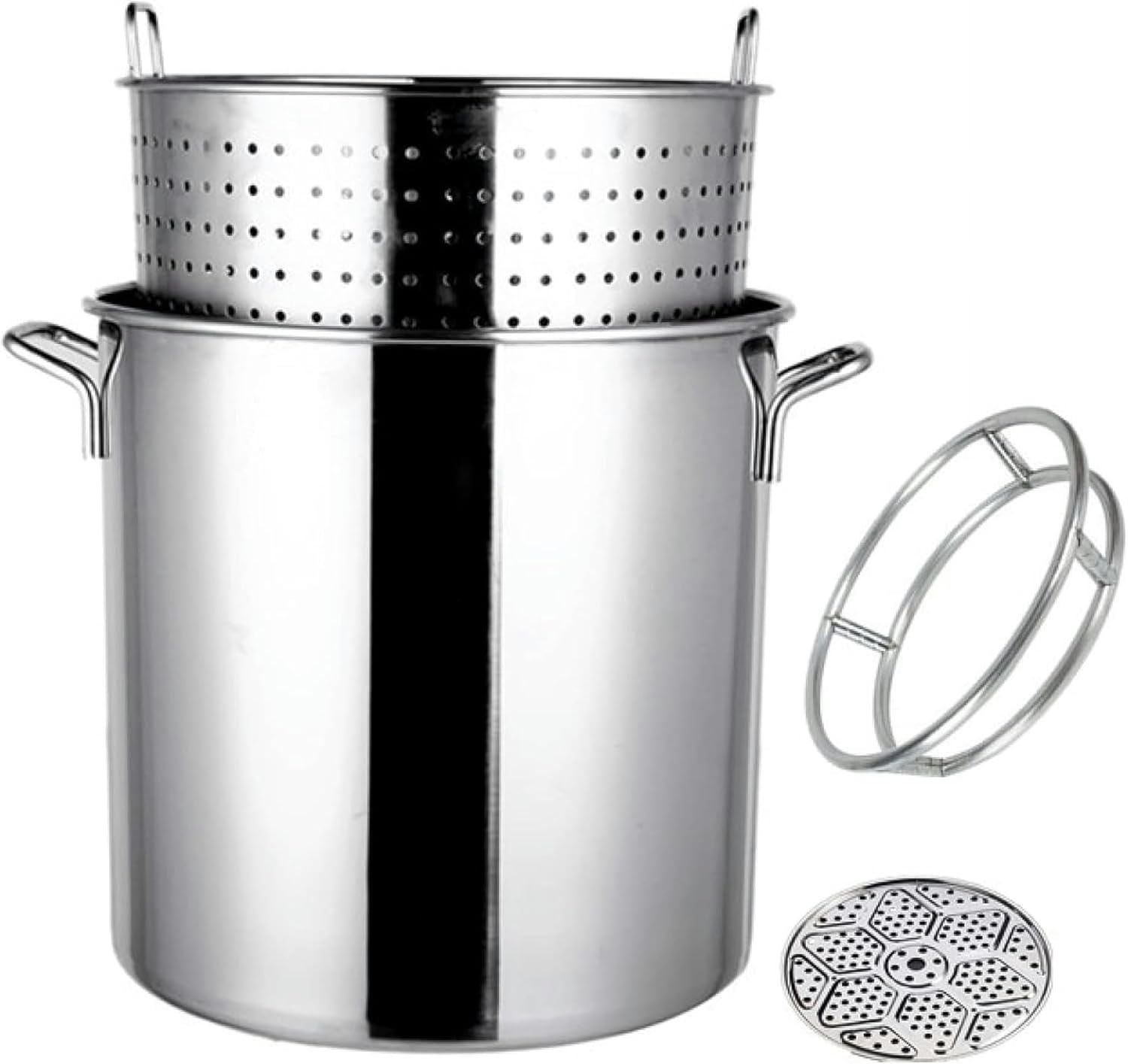 5-Piece Stainless Steel Stockpot 27Qt/45Qt/63Qt Large Crawfish Seafood Boiler Deep Turkey Fryer Pot with Strainer Basket, Pot Holders, Non-Stick Steamer Sheets, for Outdoor Cooking(Siliver 40x40cm)