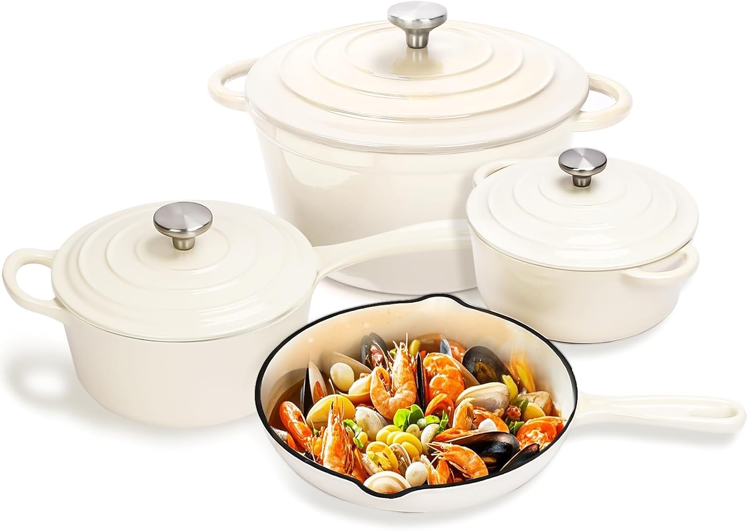 Ceramic Coated Cast Iron Cookware Set, 7-Piece Enameled Dutch Oven and Skillet Set with Lids, Nonstick Pots and Pans Set for Bread Baking, Oven Safe, Induction Compatible, PFAS-Free (Cream White)