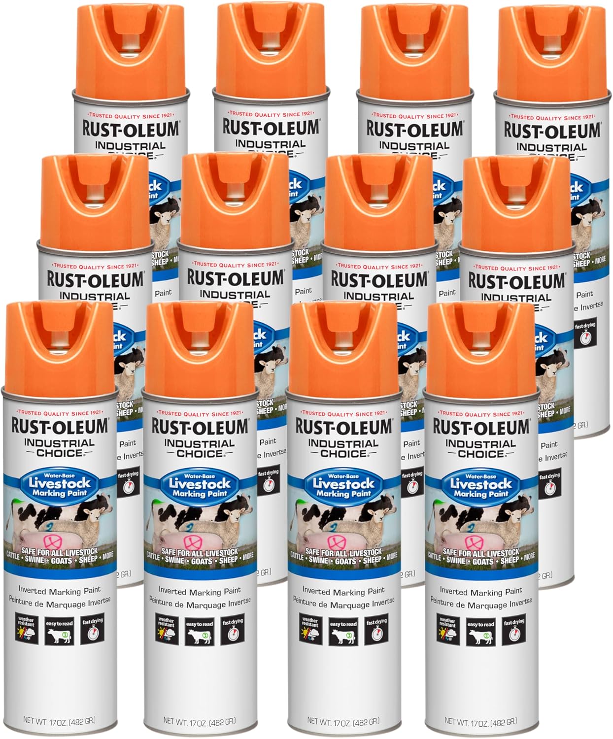 Rust-Oleum 383006 Livestock Marking Spray Paint, 17 oz, Fluorescent Orange, 12 Pack