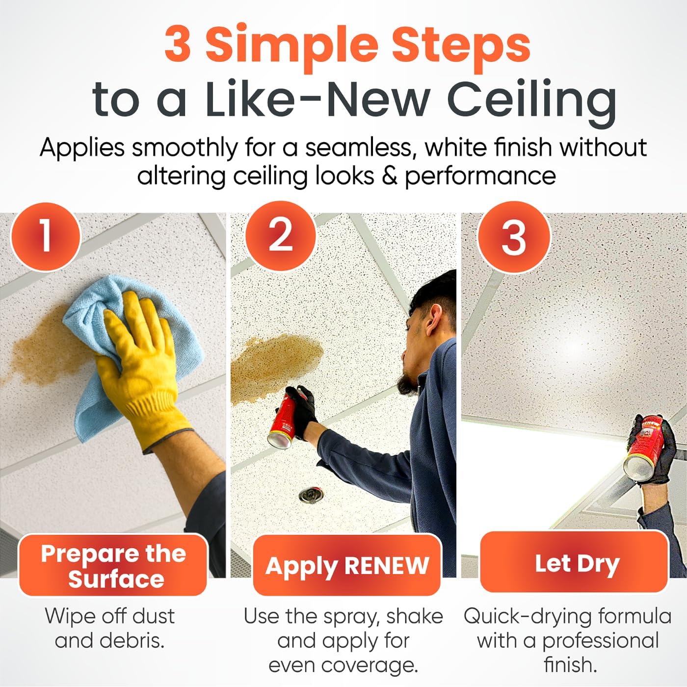 Renew Ceiling Tile Spray Paint, Commercial-Grade, Conceals Water & Smoke Stains, Fire-Retardant, Preserves Acoustics (Pack of 3)