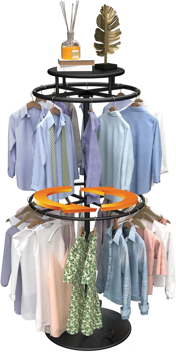Round Clothes Rack, Childrens Clothing Display Circular Clothes Rack, Rotatable Black Tier Rack with Retail Display Table, Round Garment Rack Kids Clothing Display for Boutiques (BLACK, 55.1'/140cm)