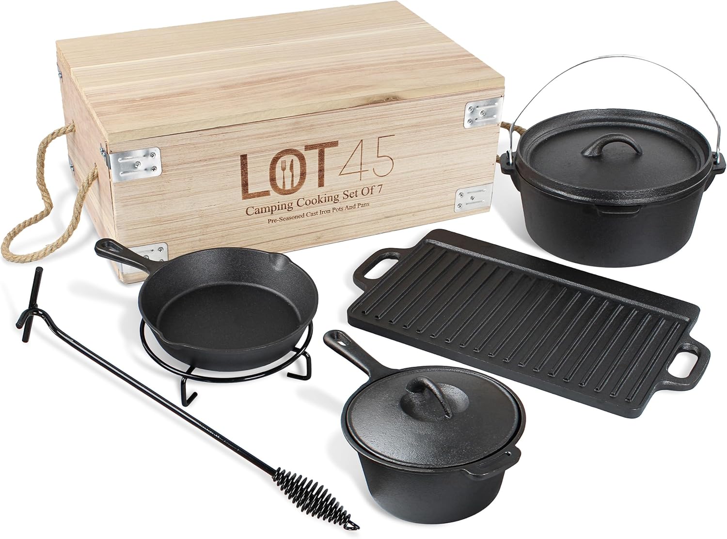 Lot45 Pre-Seasoned Dutch Oven Camping Cooking Set Cookware - Cast Iron Griddle, 4qt Dutch Oven, Griddle Pan, Frying Pan, Pre-Seasoned Cast Iron Camping Cooking Set with Storage