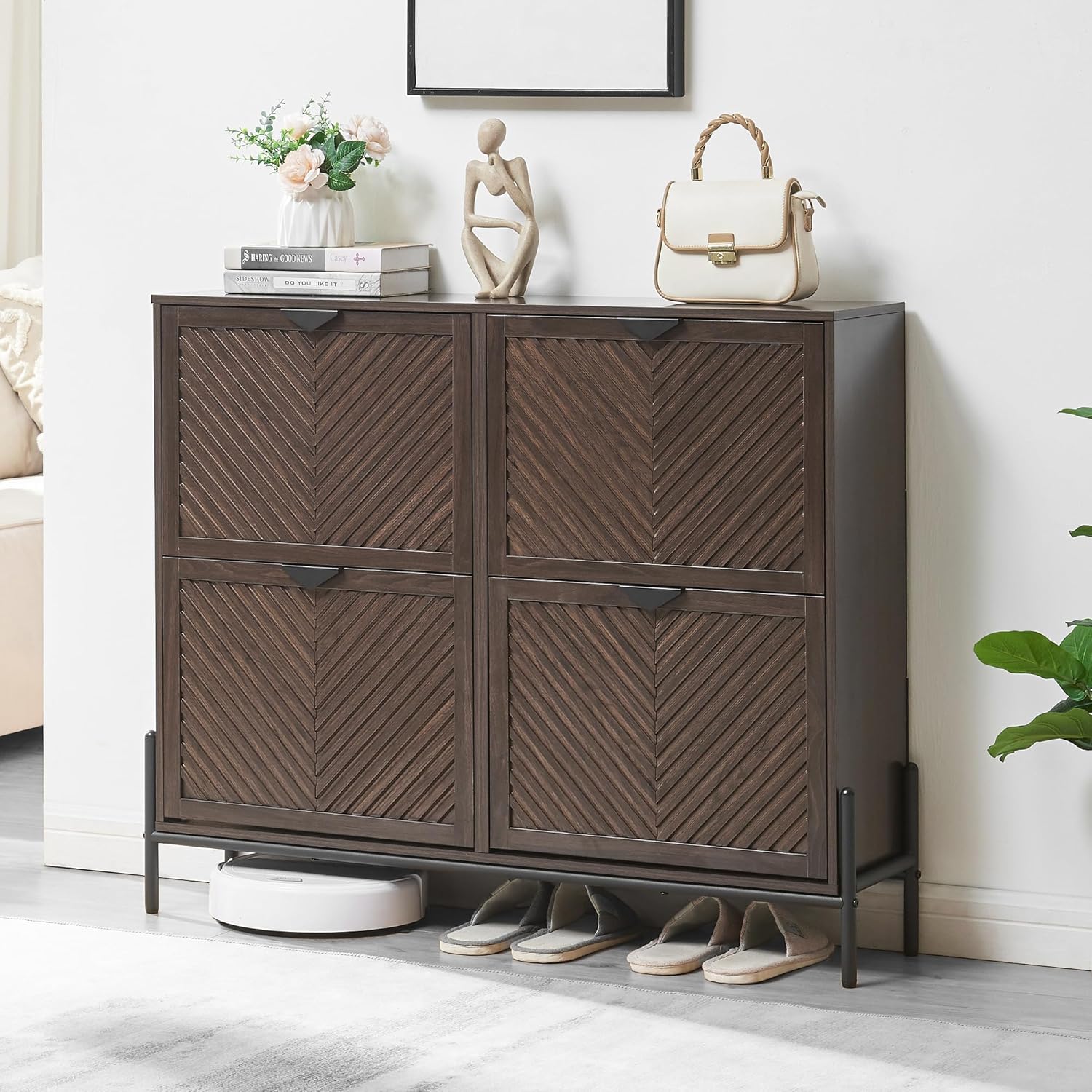 VIPLUMI Shoe Cabinet Storage with 4 Flip Drawers, Narrow Hidden Shoes Organizer Cabinet for Entryway, Freestanding Slim Shoe Rack Front Door Entrance(Brown)