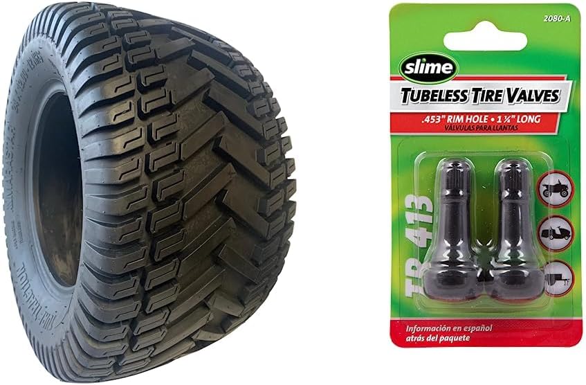 MARASTAR 24120-TO Turf Traction 24x12.00-12 4PR Rear TIRE ONLY for Riding Mowers, Black & Slime 2080-A Tubeless Tire Valves 1¼'', TR 413 45, Schrader valve stem, pack of 2 valves