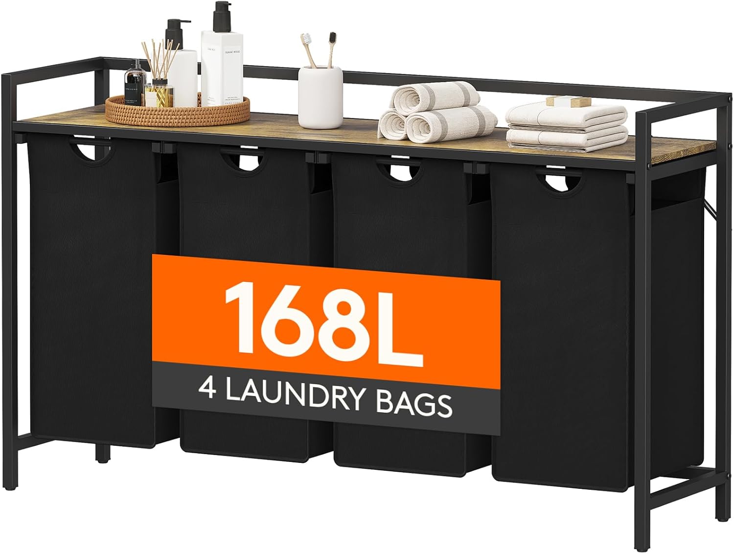 Lifewit Laundry Hamper 4 Section, 168L Pull out Laundry Clothes Basket Organizer with Large Top Shelf and 4 Removable Bags and Handles for Laundry Room Bedroom Bathroom, Black with Shelves and Wheels