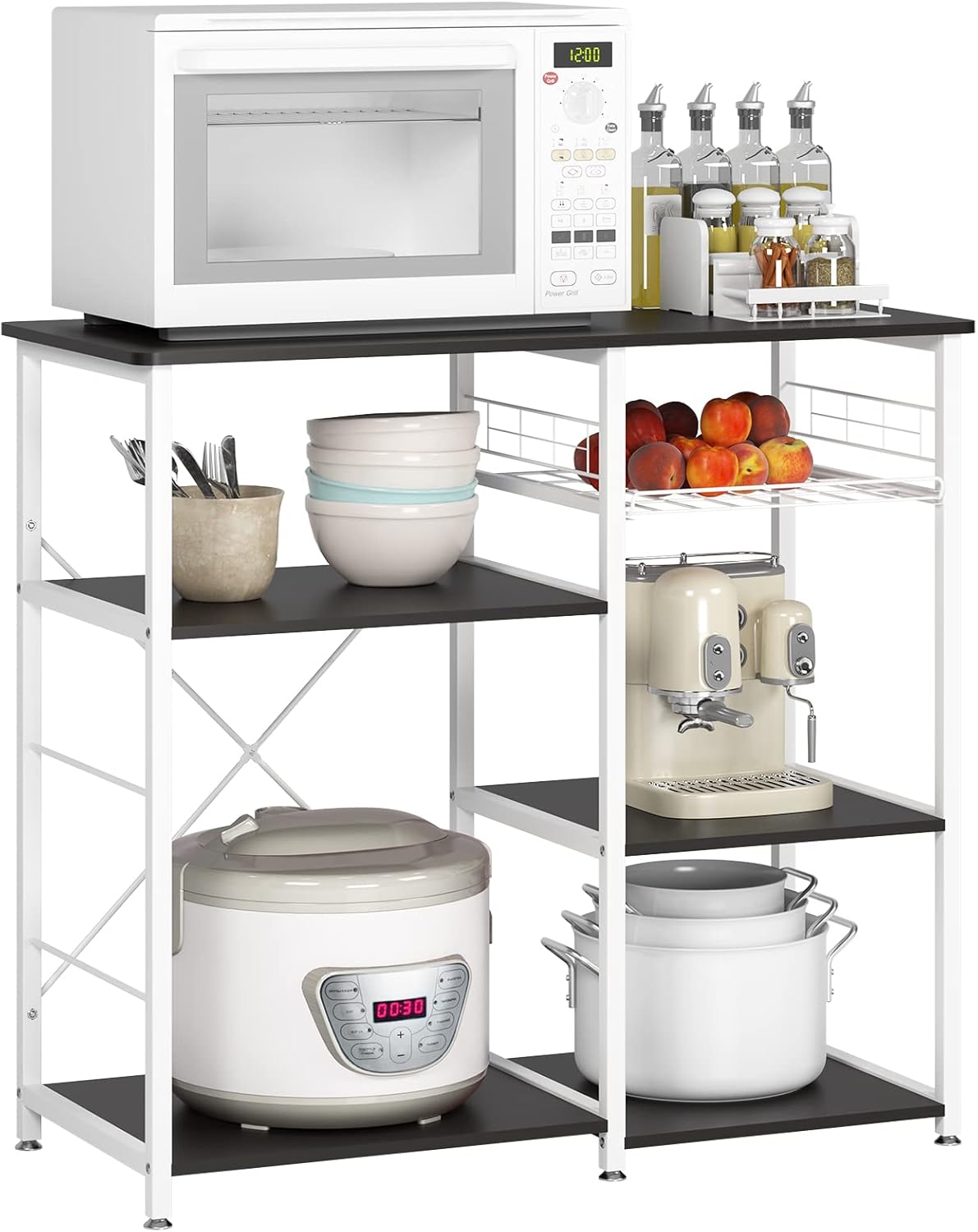 DlandHome Kitchen Bakers Rack with Storage Stand for Kitchen, Industrial Kitchen Baker's Rack, 35.4 inches Microwave Oven Stand, 3-Tier+4-Tier Utility Storage Shelf with Hooks and Basket Rustic Brown