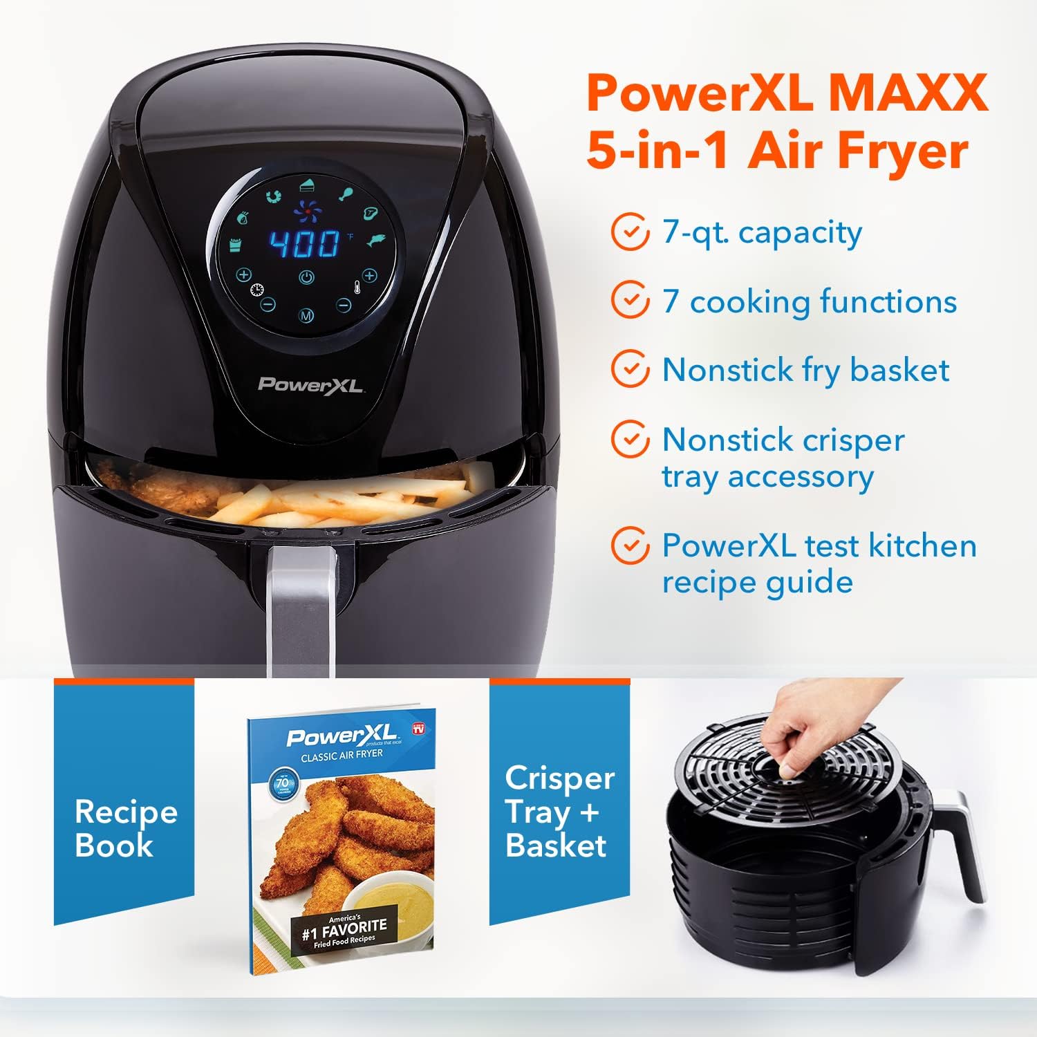 PowerXL Air Fryer 7 QT Maxx Classic, Extra Hot Air Fry, Cook, Crisp, Broil, Roast, Bake, High Gloss Finish, Nonstick, Black