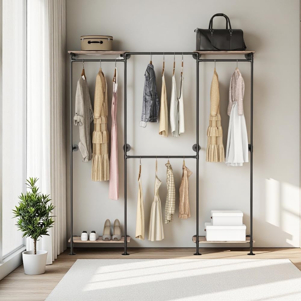 Industrial Pipe Clothing Rack, Wall Mounted Clothing Rack for Hanging Clothes, Adjustable L Shape Corner Clothes Rack with Shelves, Closet System for Walk in Closets(BLACK)