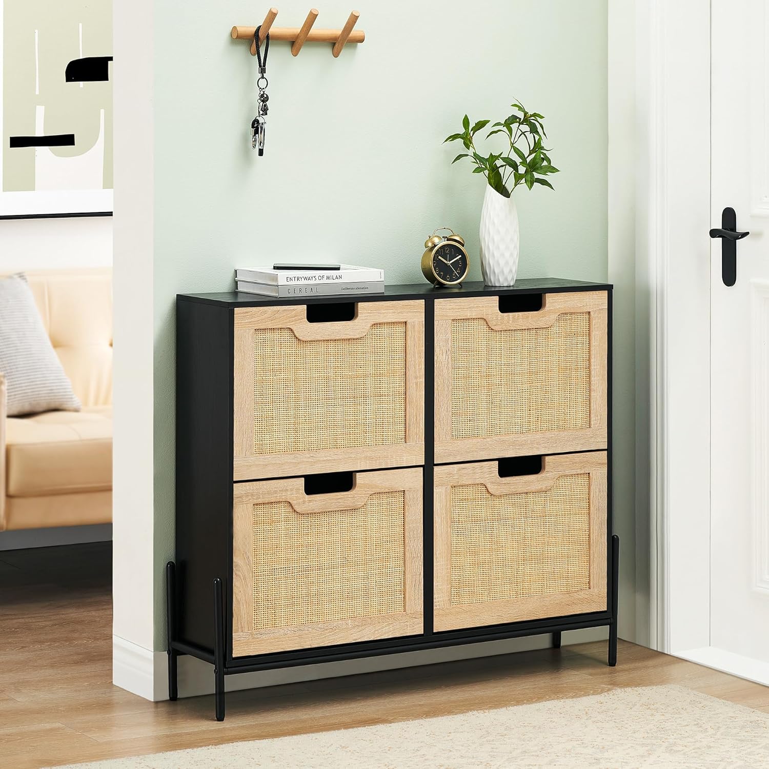 GAOMON Rattan Storage Cabinet, Entrance Shoe Cabinet with 4 Flip Doors, Freestanding Entry Way Cabinets with Storage, 3 Position Adjusted and Removable Shelves for Hallway, Entryway, Bedroom, Oak