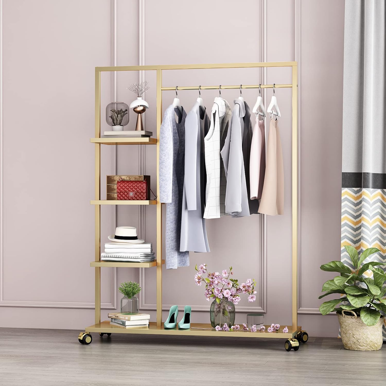 Gold Clothing Racks with Shelf, Boutiques Retail Display Gold Clothes Rack, Multiple Uses Heavy Duty Garment Rack for Hanging Rods for Home and Retail