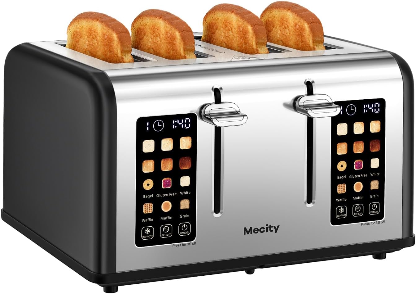 Mecity 4 Slice Toaster with Touch Screen Control, 4 Wide Slots, Stainless Steel Smart Bread Toaster for Bagels, Muffins, Waffles, Dual Control Panel, Timer, Defrost, Reheat, 120V 1650W