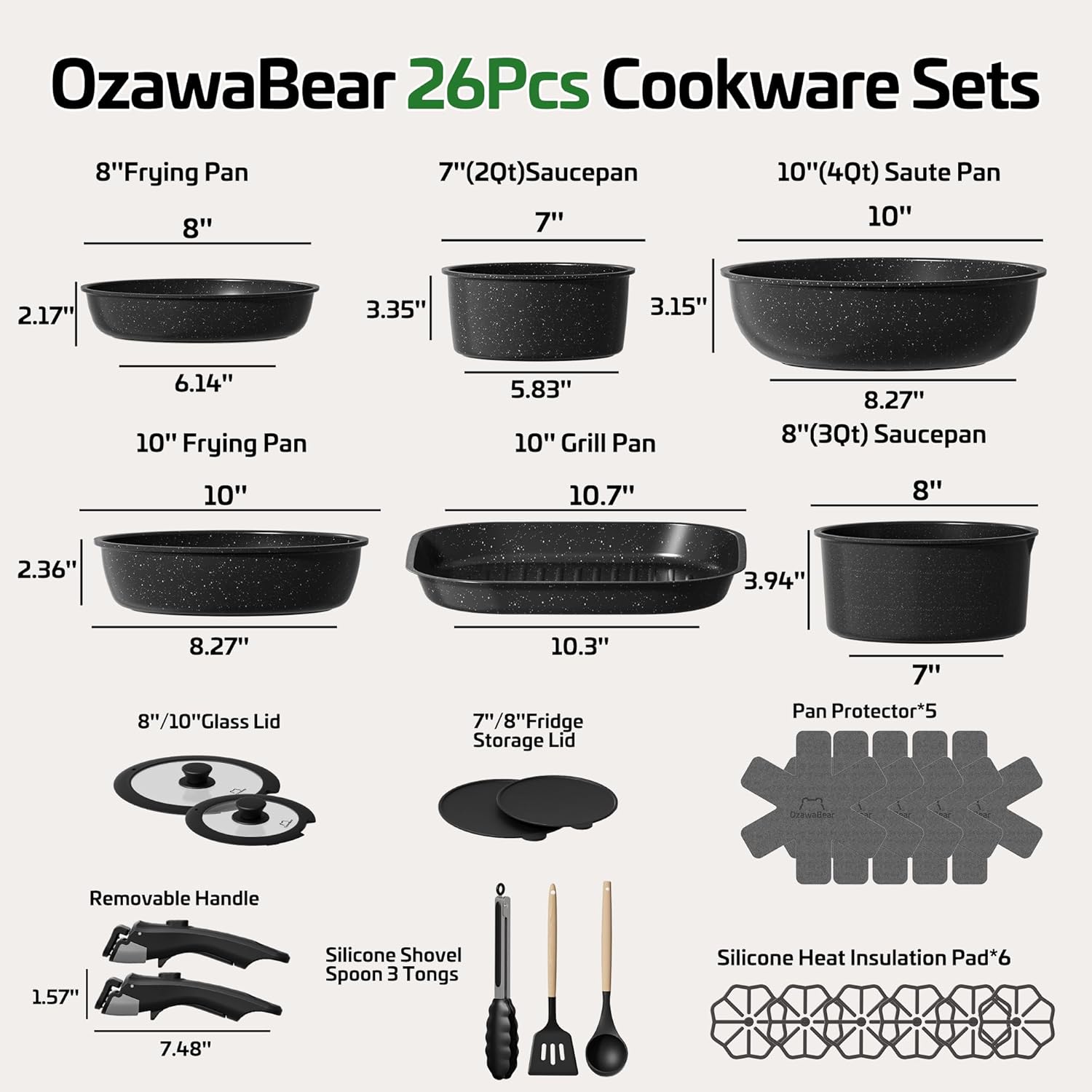 26 Pcs Pots and Pans Set Non Stick, Ceramic Cookware Set Non Toxic with Detachable Handles, Healthy Induction Cookware Oven Safe RV Kitchen Set, PFAS PFOA & PTFE Free, Black