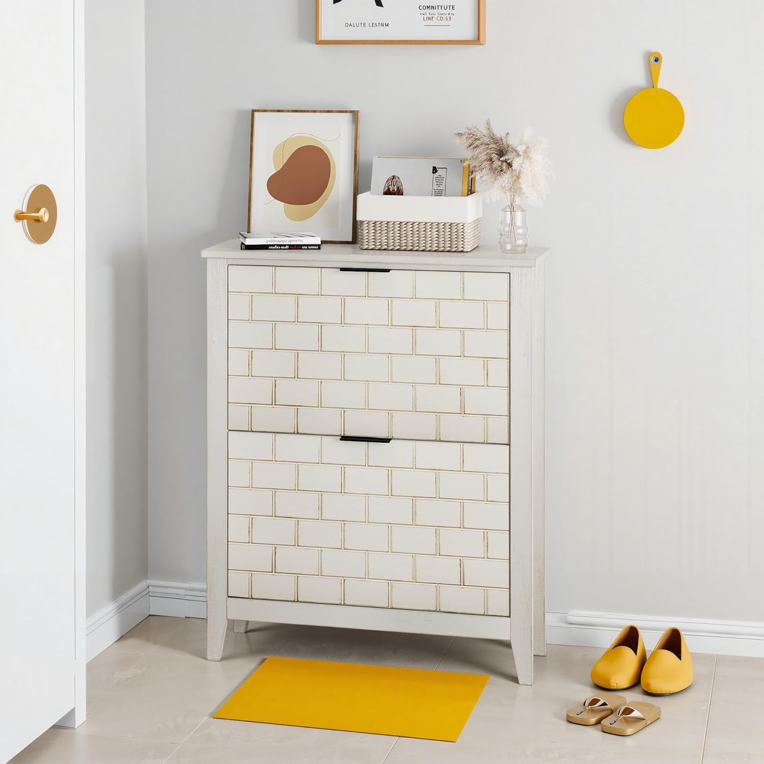 GDFStudio Kezlam 31.5 Inch Retro White Shoe Storage Cabinet, Mid-Century Vintage Freestanding Shoe Cabinet with 2 Flip Drawers, Adjustable Drawer, Suitable for Hallway and Entryway, Staircase Corner