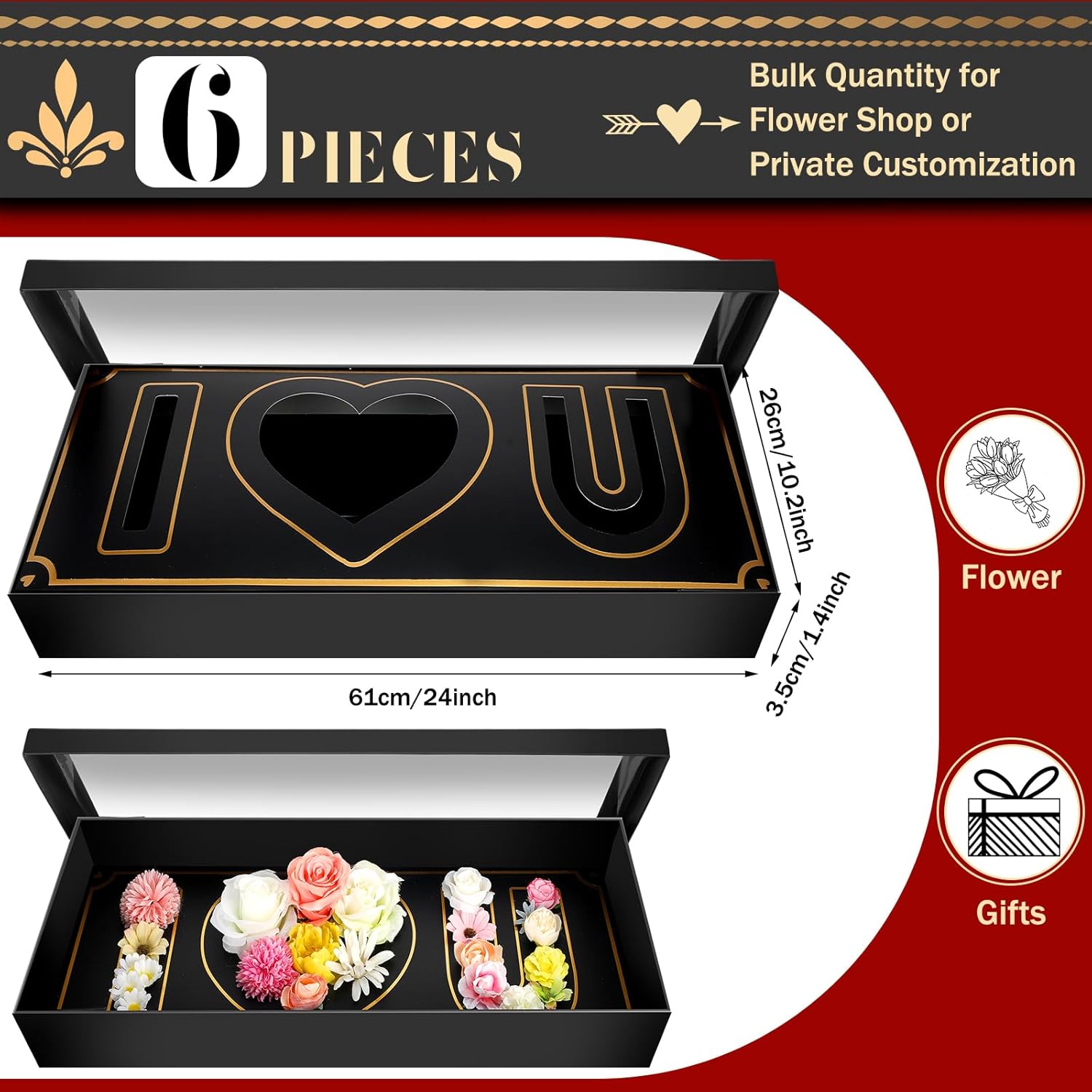 6 Pcs Father's Day Empty Fillable Flower Gift Boxes Dad Cardboard Letter Boxes with Clear Window Gift for Flower Wrapping DIY Arrangements(I Love U)