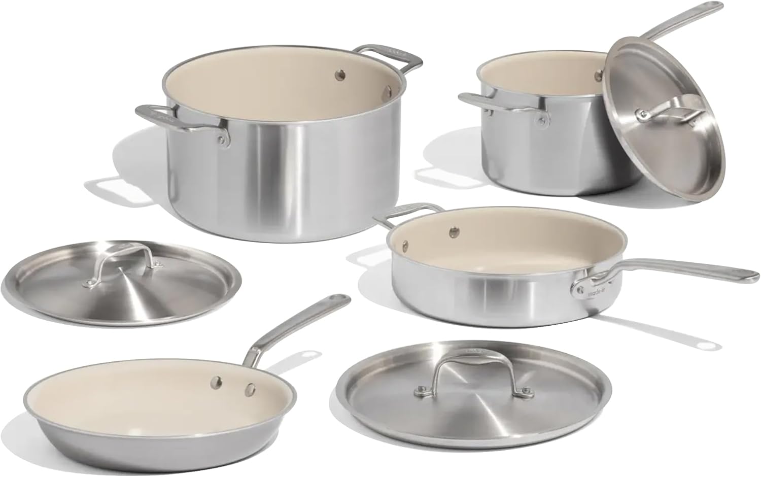 Made In Cookware - 7-Piece Ceramic Non Stick Pot and Pan Set (Stainless Handle) - 5-Ply Stainless Clad - Professional Cookware - Crafted in Italy - Induction Compatible