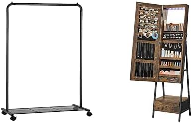 SONGMICS Clothes Rack with Wheels, LED Jewelry Cabinet Standing with Full-Length Mirror, UHSR25BK and UJJC25X01