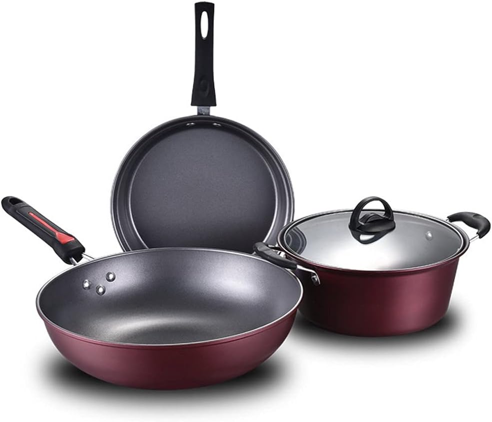 3Pcs Kitchen Cookware Set Non-Stick Cookware Frying Pan Cooking Pot & Pan Saucepan with Glass lid Home