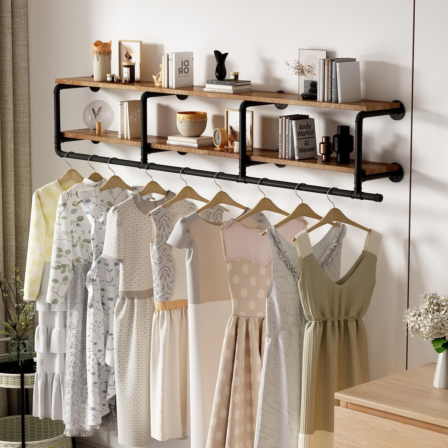 ORSENIGO Industrial Pipe Clothing Rack with Shelves, Black Wall Mounted Clothes Rack Heavy Duty Display Garment Rack for Home Retail