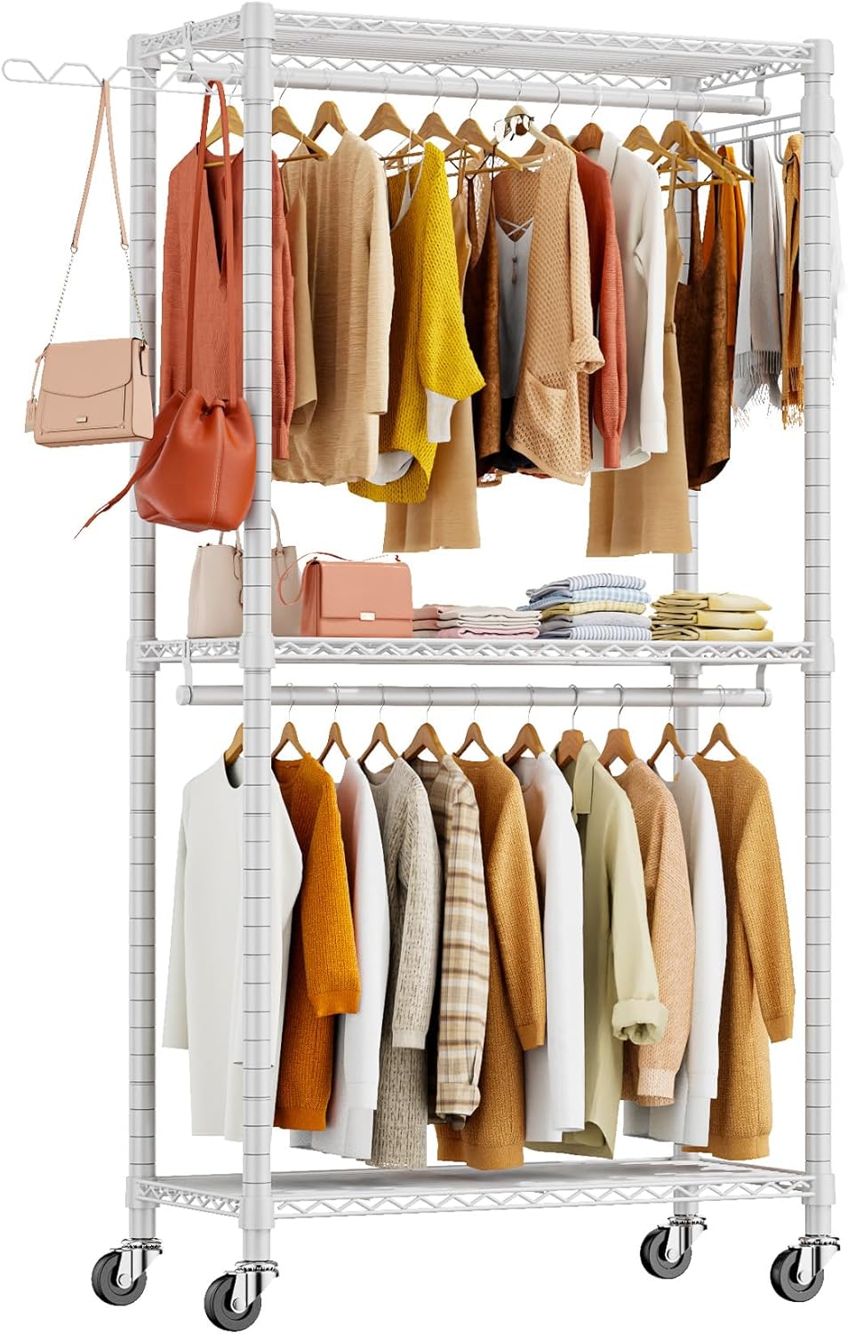 Heavy Duty Rolling Garment Rack, Adjustable Heavy Duty Clothing Rack with Shelves Load 420 LBS, Free Standing Clothes Rack with Lockable Wheels & Hanging Hooks, White