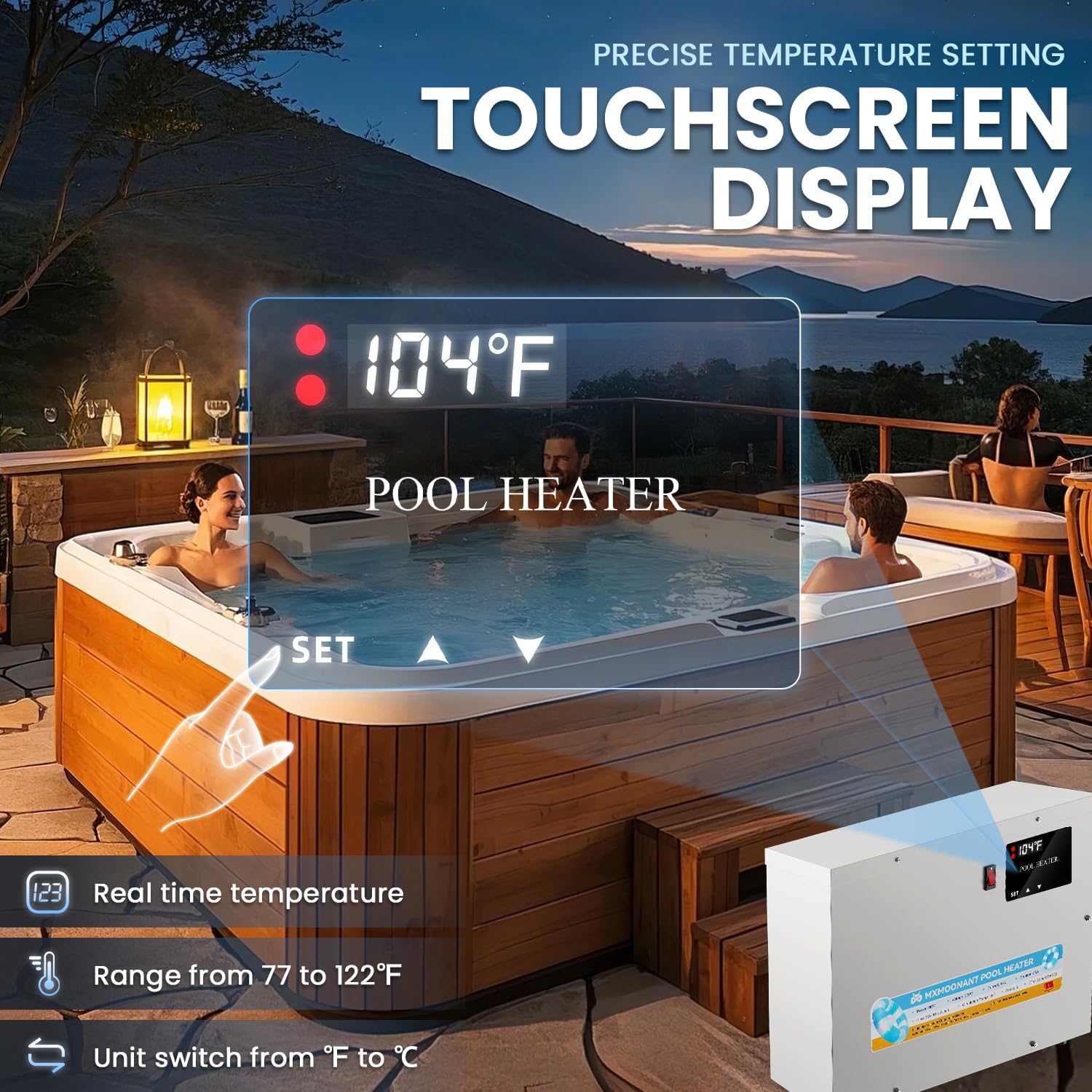 Mxmoonant Pool Heater 11KW 220V, Electric Swimming Pool Heaters Hot Tub Water Thermostat with Touchscreeen for Above Ground Inground Pool, Spa, Bathtub,