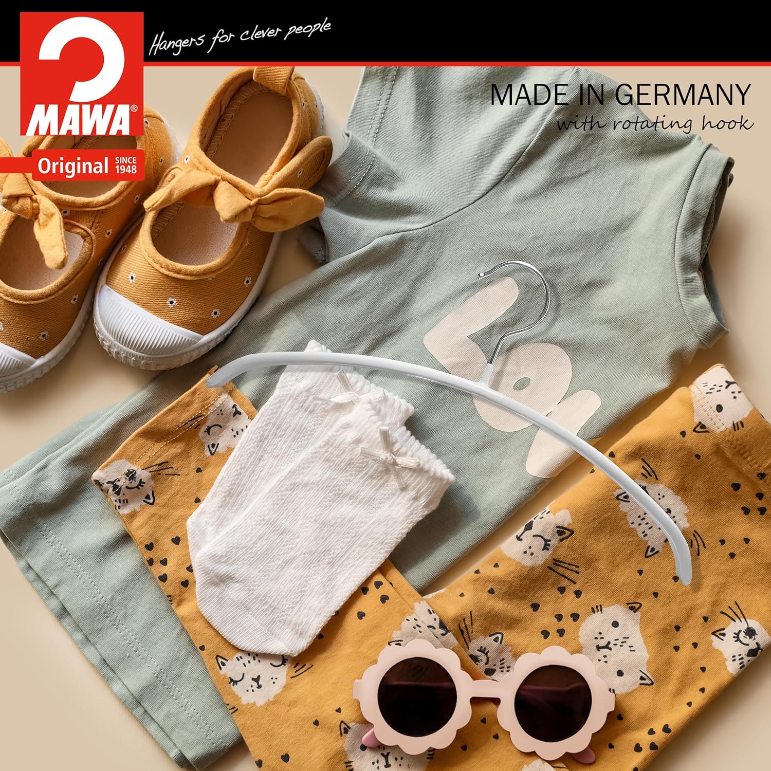 MAWA Children Clothing Hanger, Non-Slip Metal, Rotating Hook, Made in Germany, White, Set of 50