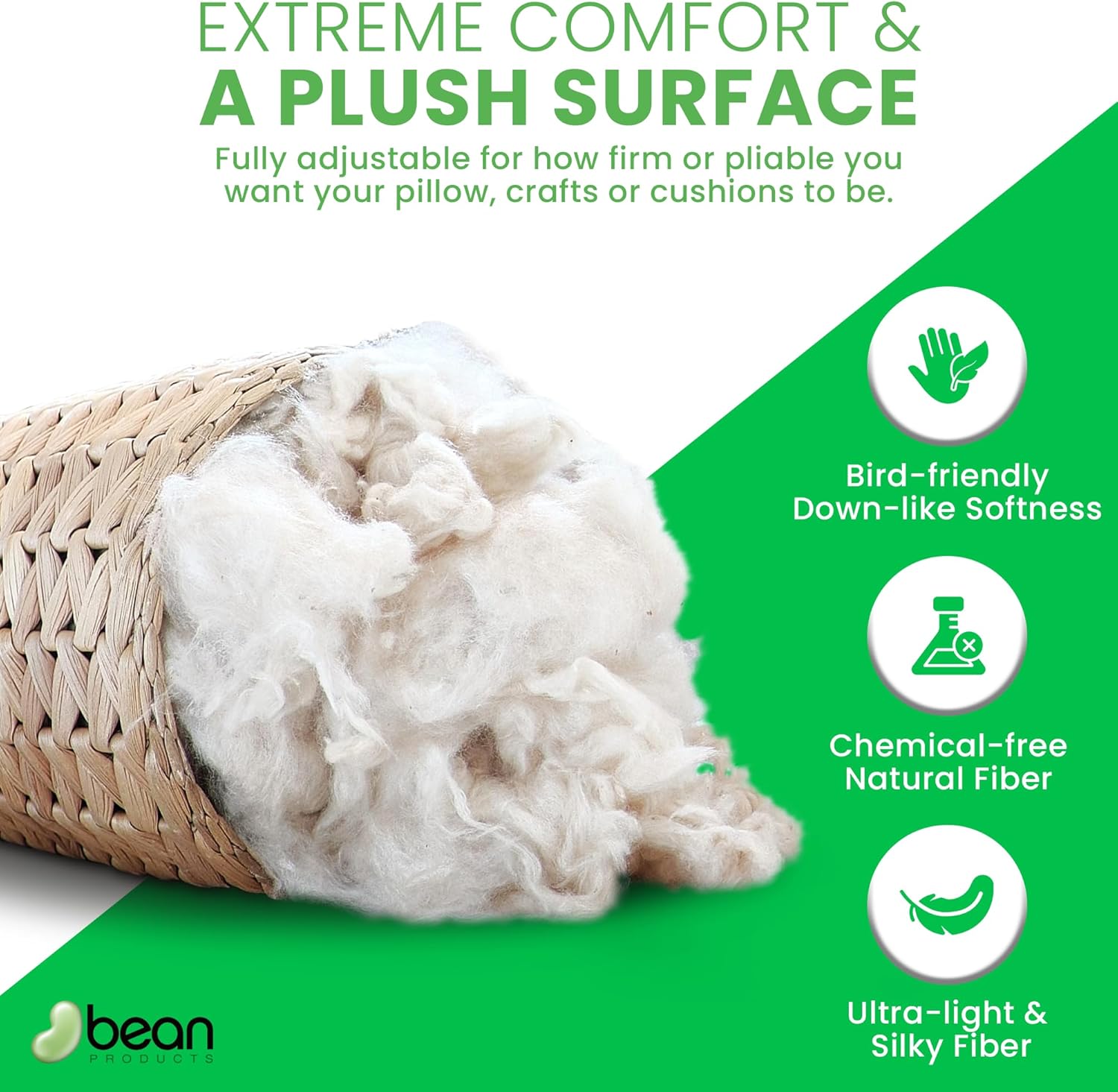 Bean Products Premium Kapok Fill | 5 lbs | 100% Organic Kapok Fiber | Chemical Free and Hypoallergenic | Perfect for Pillows, Pet Beds, Couches & More | Made in USA