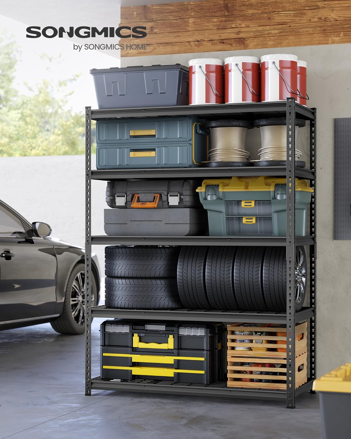 SONGMICS 5-Tier Storage Shelves, Heavy-Duty Garage Shelving, Adjustable Shelving Unit, Steel Shelf, Boltless Assembly, for Garage, 2,200 lb Load, 24 x 48 x 72 Inches, Ink Black UGLR454B01