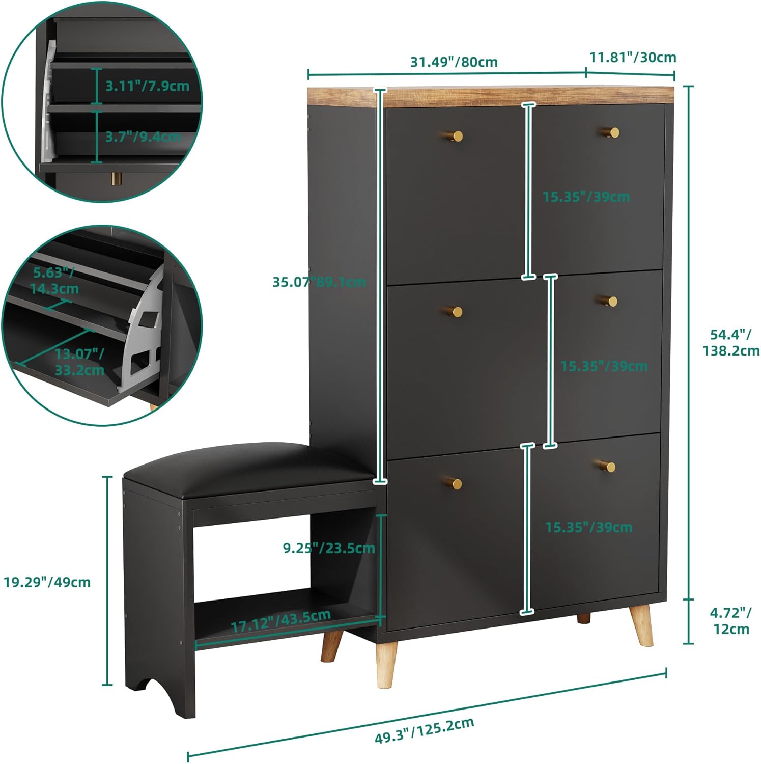 YITAHOME Shoe Cabinet with 3 Flip Drawers, Modern Shoe Storage Cabinet with Shoe Bench for Entryway, Freestanding Hidden Shoe Rack Storage Organizer with Gold Metal Handle, Living Room, Black