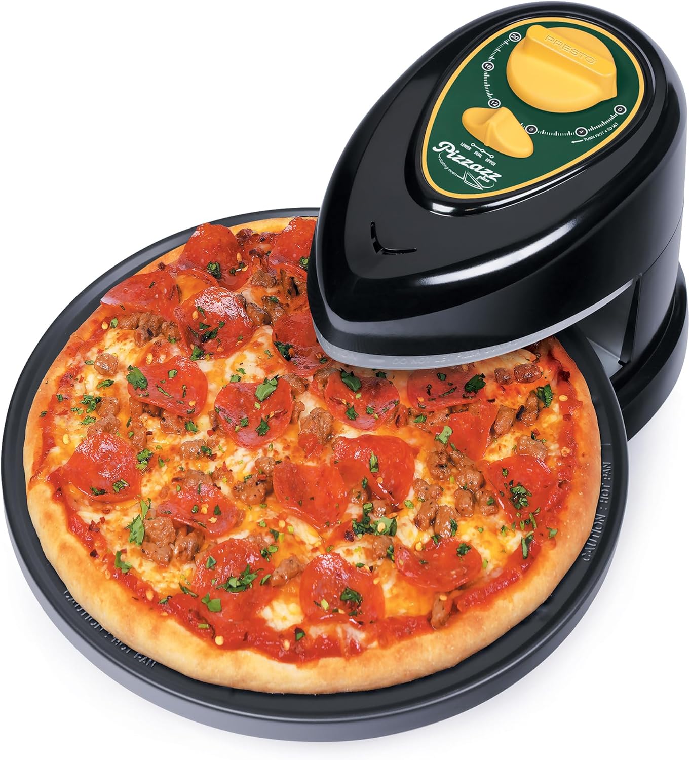 Presto 03434 Pizzaz Plus Rotating Oven - 12-Inch, Countertop Pizza Oven, Nonstick Tray, Top and Bottom Heating Elements, Easy to Clean, Green/Gold