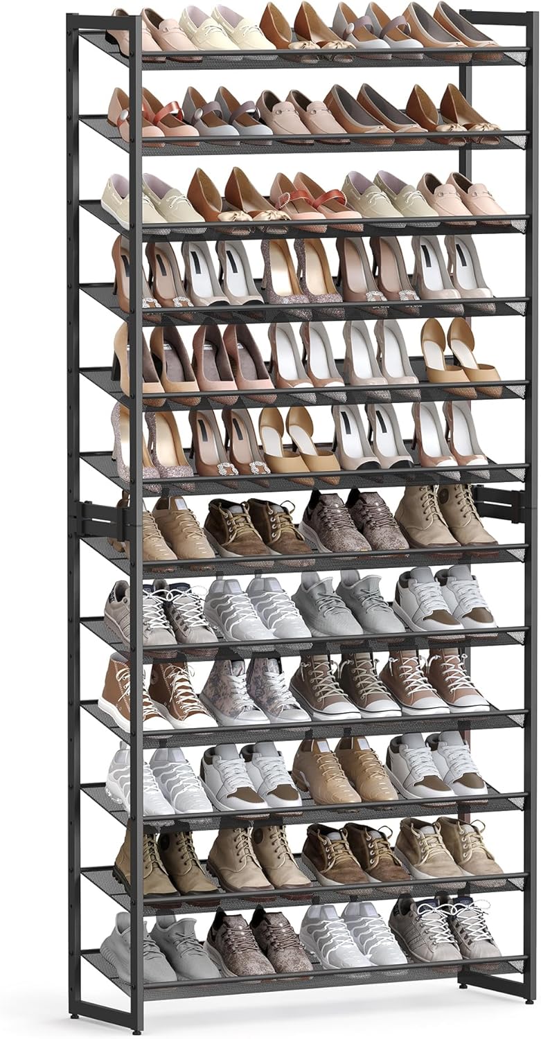 SONGMICS 12-Tier Stackable Shoe Shelf Set, Metal Shoe Storage for Garage, Entryway, with Adjustable Shelves, Hold 48-60 Pairs, Cool Gray ULMR12G01