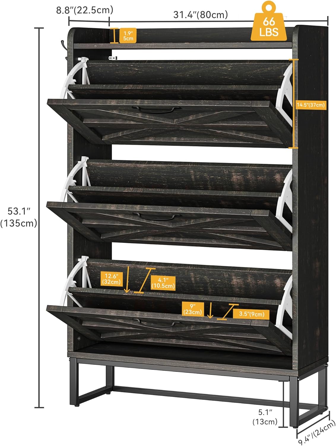 DWVO Shoe Cabinet with 3 Flip Drawers, Farmhouse Shoe Storage Organizer with Metal Legs for 24 Pairs of Shoes, Narrow Slim Shoe Rack Cabinet for Entryway, Living Room, Hallway (Dark Rustic Oak)