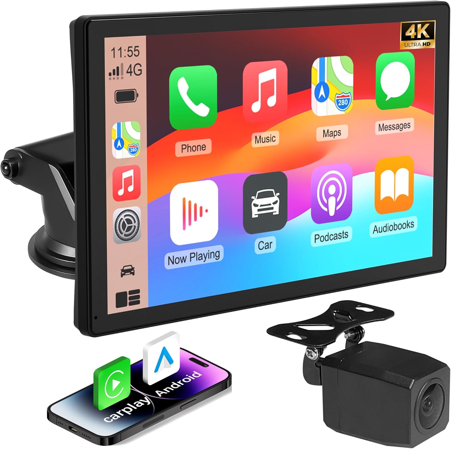 Carplay Screen for Car,9 inch Portable Car Play & Android Auto Touch Screen,4K Front & Rear Backup Camera Car Stereo,Loop Recording,GPS, Voice Control,Mirror Link,FM,AUX for All Vehicles