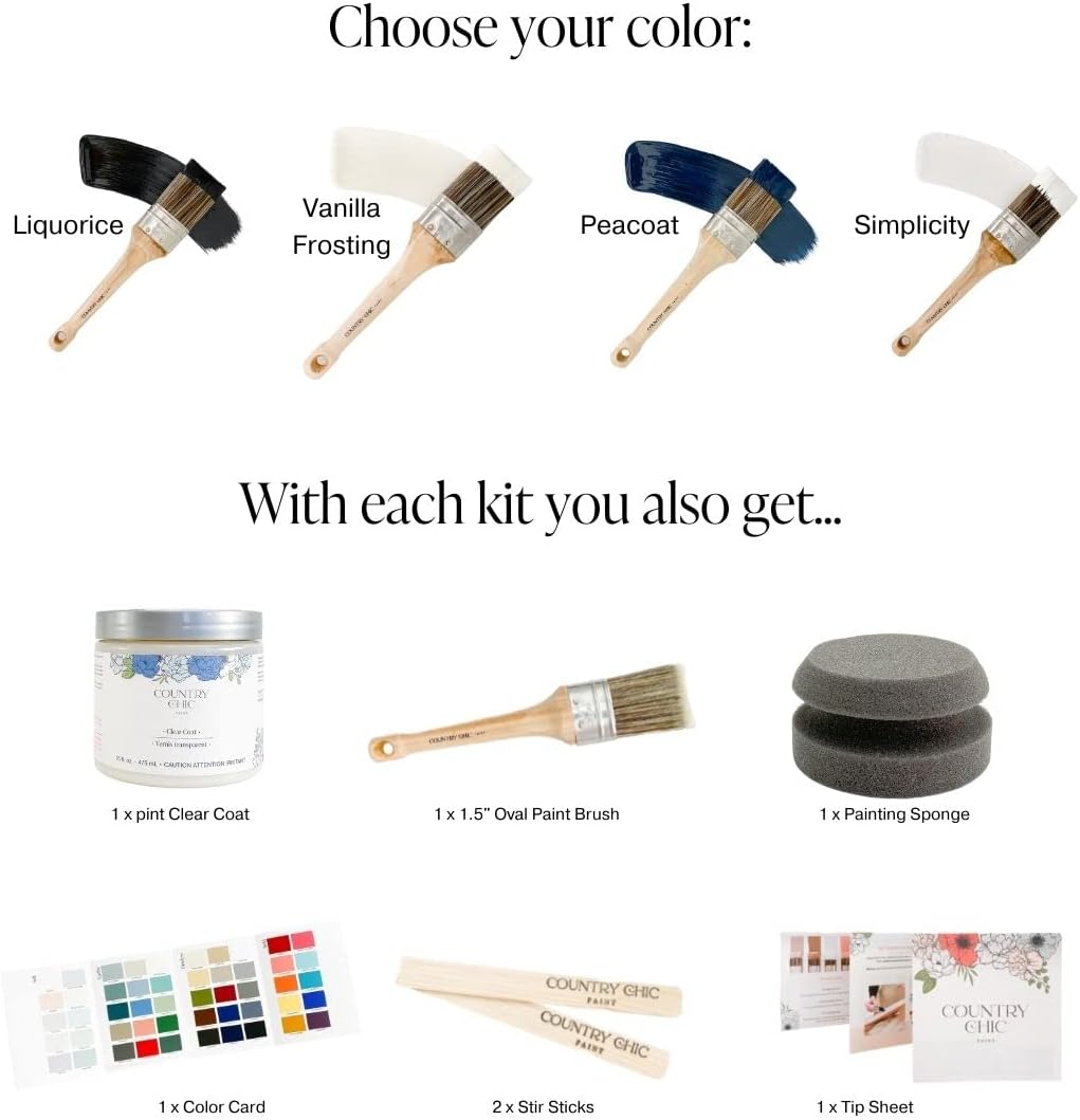 Country Chic Paint Furniture Painting Kit for Beginners Eco-Friendly DIY Chalk Style Furniture Paint, Paint Brush, & Durable Clear Top Coat Bundle - Liquorice [Black] - pint (16 oz)