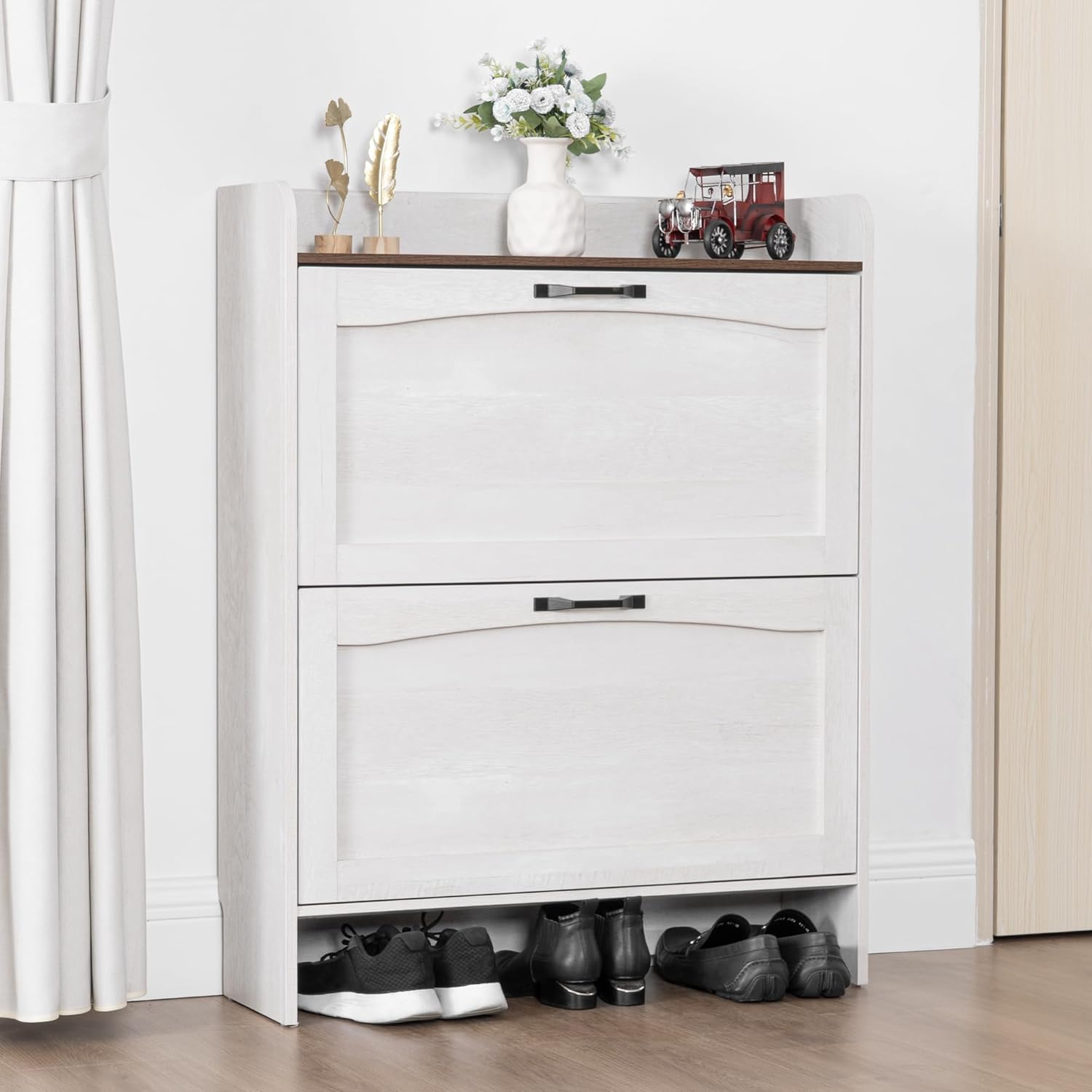 Narrow Shoes Storage Cabinet, Entryway Storage with 2 Flip Drawers, Farmhouse Shoe Organizer with Removable Shelves, Anti-Drop Top Fence, 40.4H x 31.4W (Warm White Grayish)