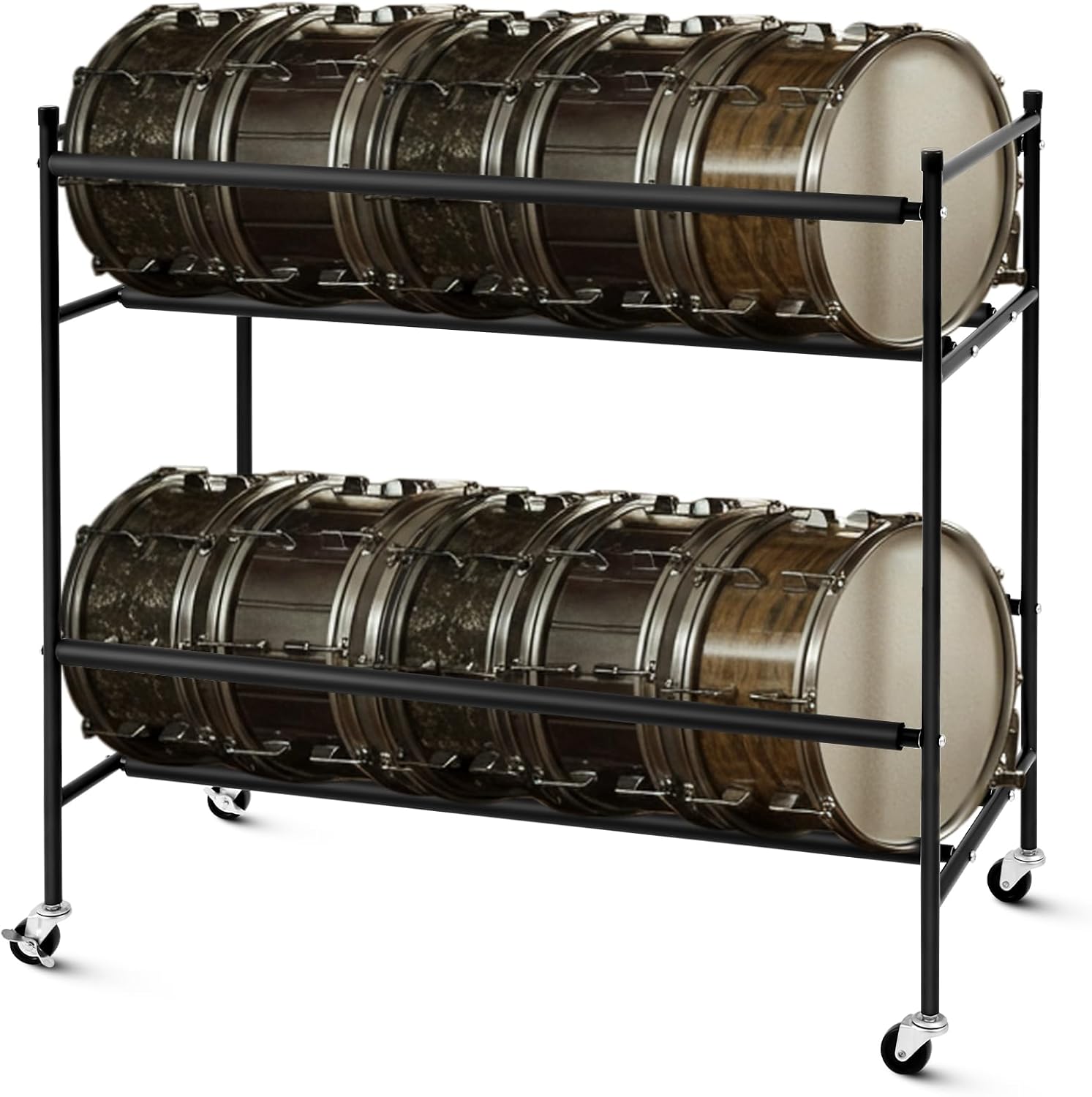 Two-tier Snare Rack with Locking Casters Snares Stand Drum Holder Display Storage for Holding up to 10 Snare Drums, 38.25 x 16.5 x 34.5 Inch