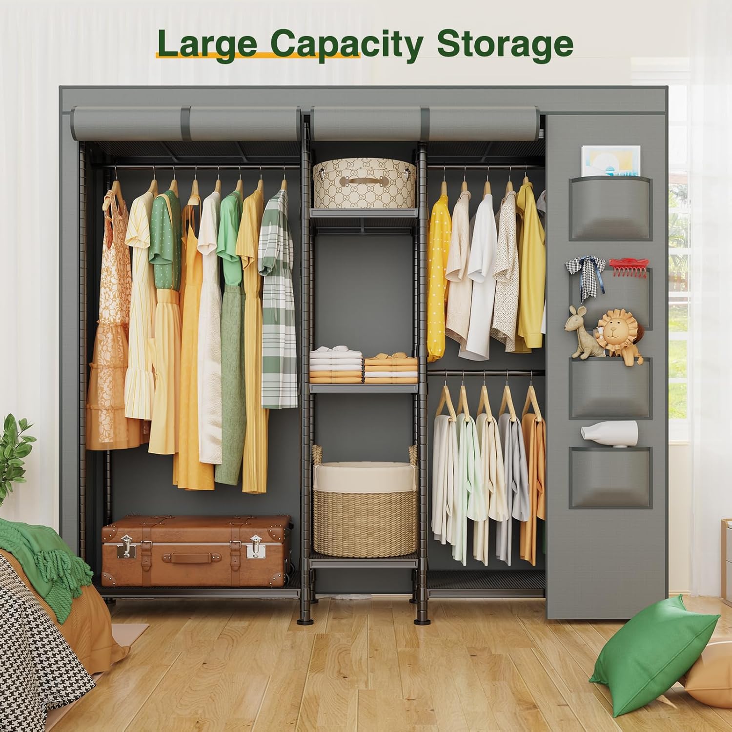 LEHOM G6C Heavy Duty Clothes Rack with Cover, Wire Garment Racks for Hanging Clothes, Adjustable Black Portable Closets with Storage Shelves，Wardrobe Clothing Rack with Grey Clear Window Cover