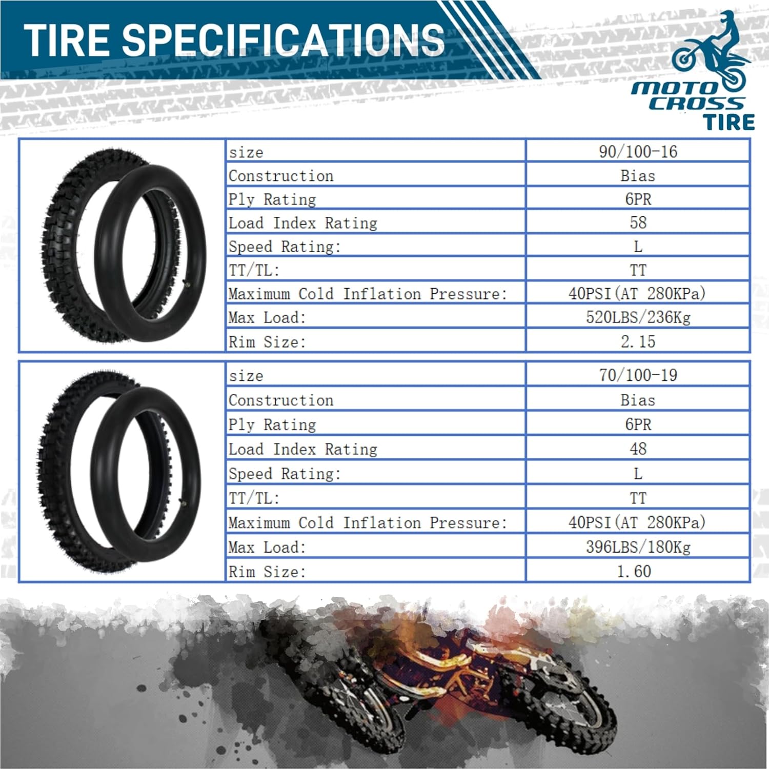 Rear 90/100-16 & Front 70/100-19 Tire + Tube Set,Fit for Sur Ron Tires,Off-Road Motorcycle Tires, Dirt Pit Bike Motocross Enduro(USA STOCK)