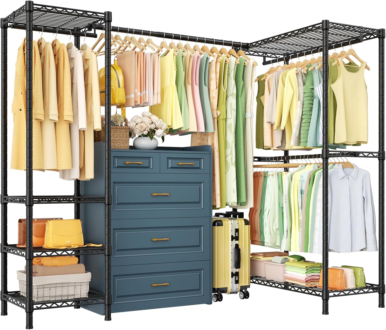 E10L L-Shaped Clothes Rack for Corner（With Expandable Hanger Rod）Heavy Duty Freestanding Clothing Racks for Hanging Clothes，Portable Garment Rack 58-82