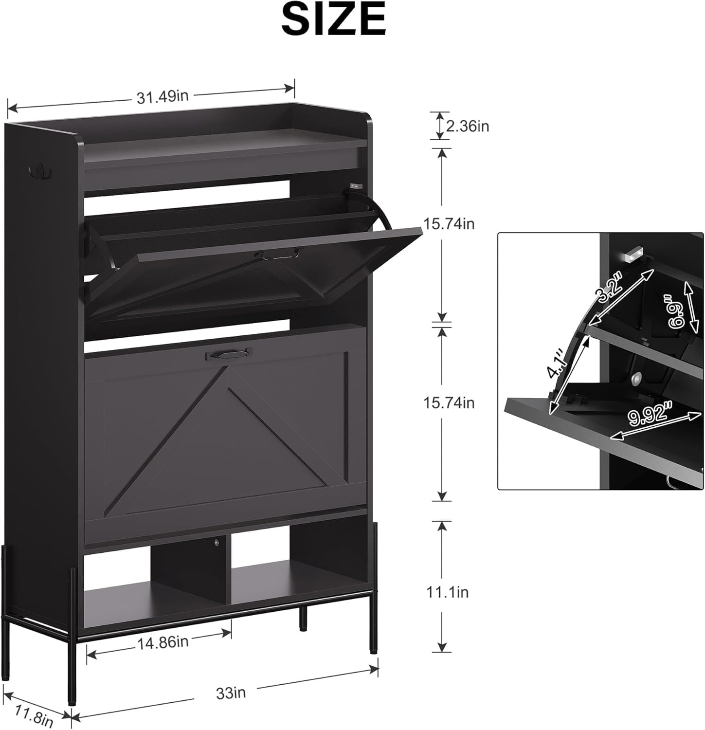 GAOMON Shoe Storage Cabinet with 2 Flip Drawers, Freestanding Shoe Organizer with with Open Storage, Hidden Slim Narrow Shoe Rack Cabinet for Entryway, Hallway, Black