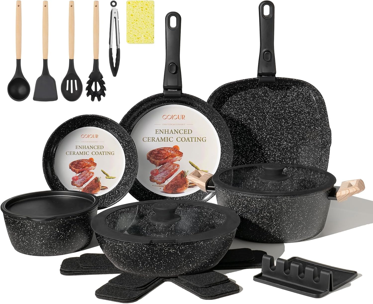 23Pcs Ceramic Cookware Set Non Stick Pots and Pans Set Non Toxic with Detachable Handle Induction Kitchen Cookware Set Space Saving, Oven & Dishwasher Safe, Navy